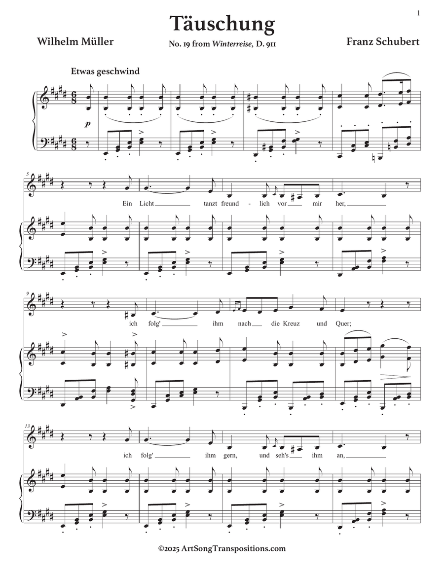 SCHUBERT: Täuschung, D. 911 no. 19 (transposed to E major) Piano, Vocal scores gallery preview page 2
