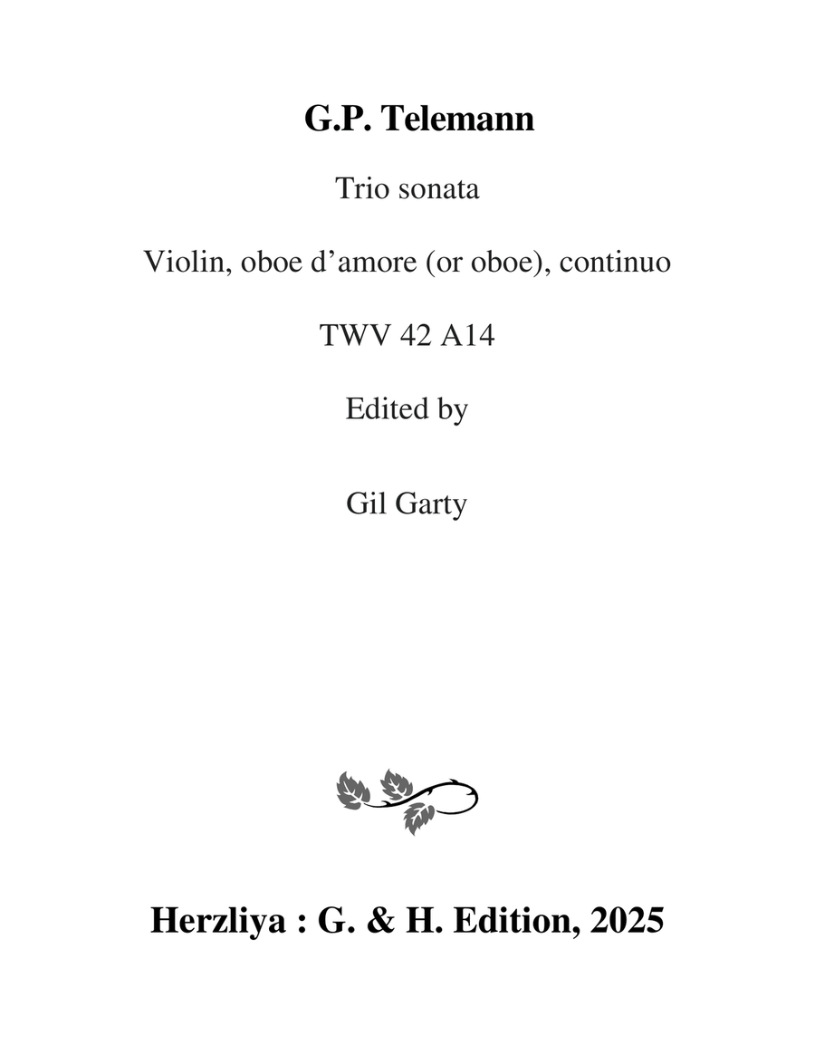 Trio sonata, violin, oboe d'amore (or oboe), continuo, TWV 42 A14 in A major Small Ensemble scores gallery preview page 1