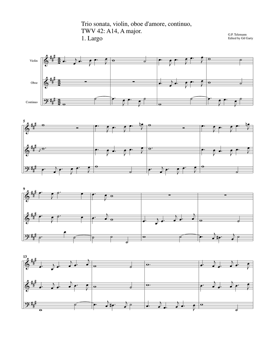 Trio sonata, violin, oboe d'amore (or oboe), continuo, TWV 42 A14 in A major Small Ensemble scores gallery preview page 2