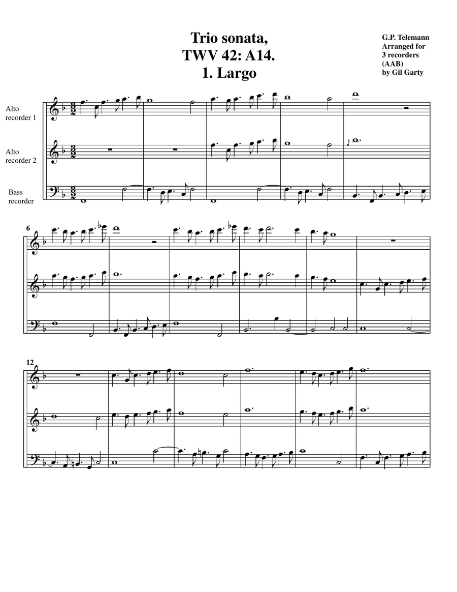 Trio sonata, TWV 42 A14 (arrangement for 3 recorders (AAB)) Alto Recorder scores gallery preview page 2