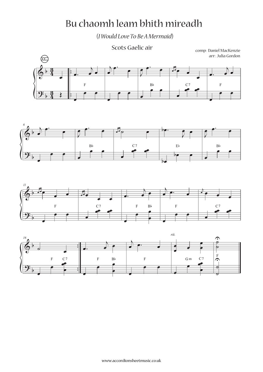 Bu chaomh leam bhith mireadh (I Would Love To Be A Mermaid) Accordion scores gallery preview page 1