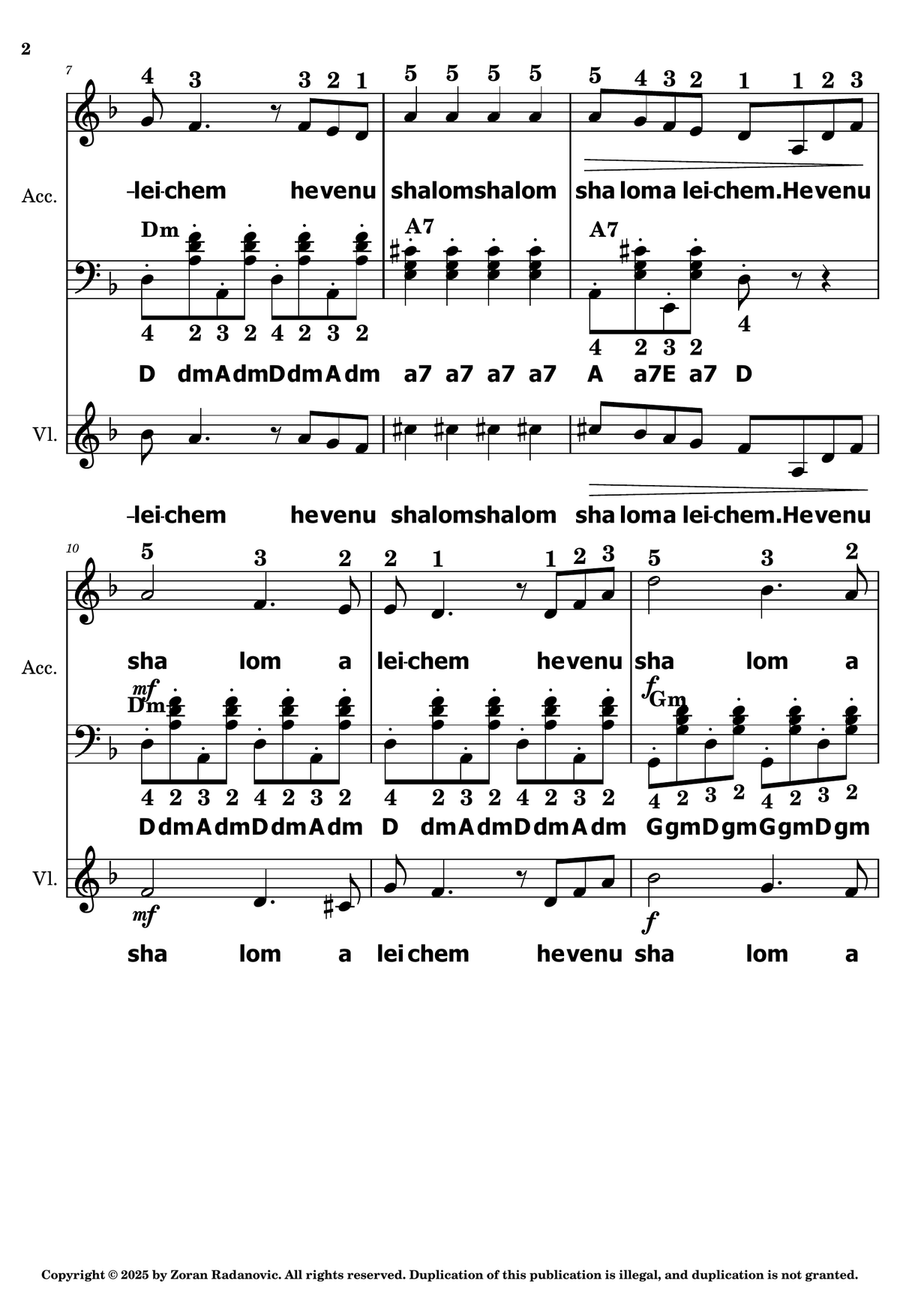 Hevenu shalom aleichem - for accordion, violin duet String Duet scores gallery preview page 2