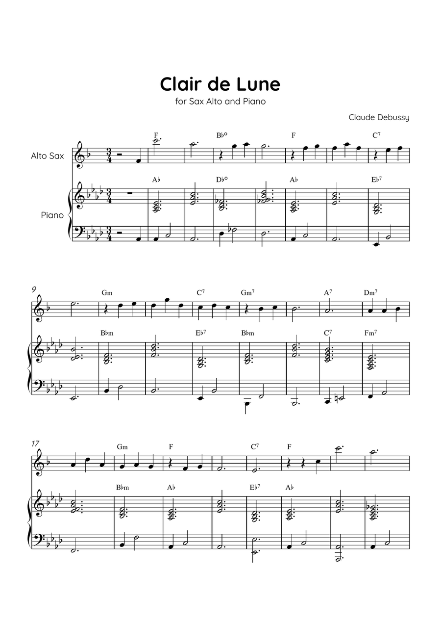 Claire de Lune - Alto Sax and Piano in Ab Major With Chords - Beginner Alto Saxophone scores gallery preview page 1