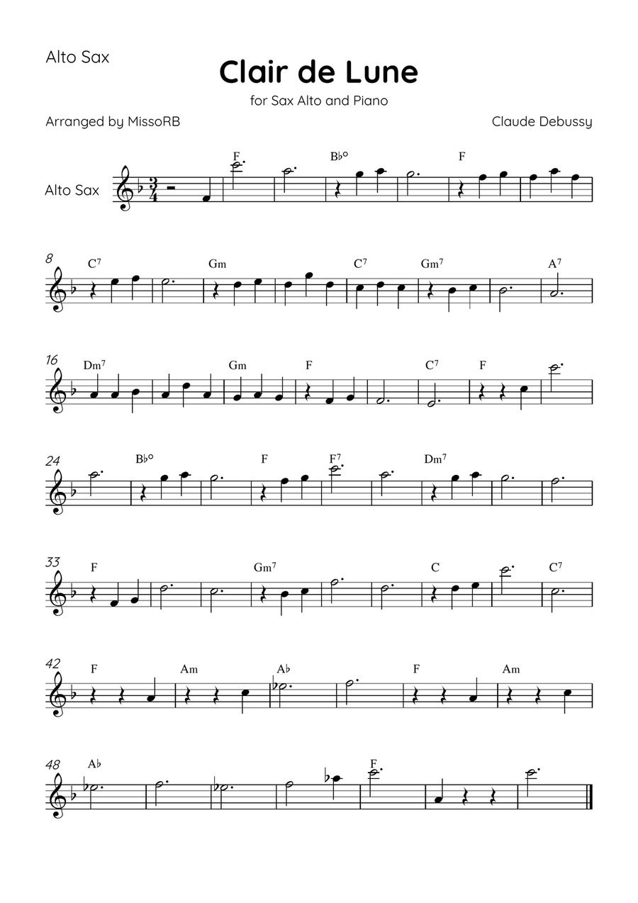 Claire de Lune - Alto Sax and Piano in Ab Major With Chords - Beginner Alto Saxophone scores gallery preview page 3