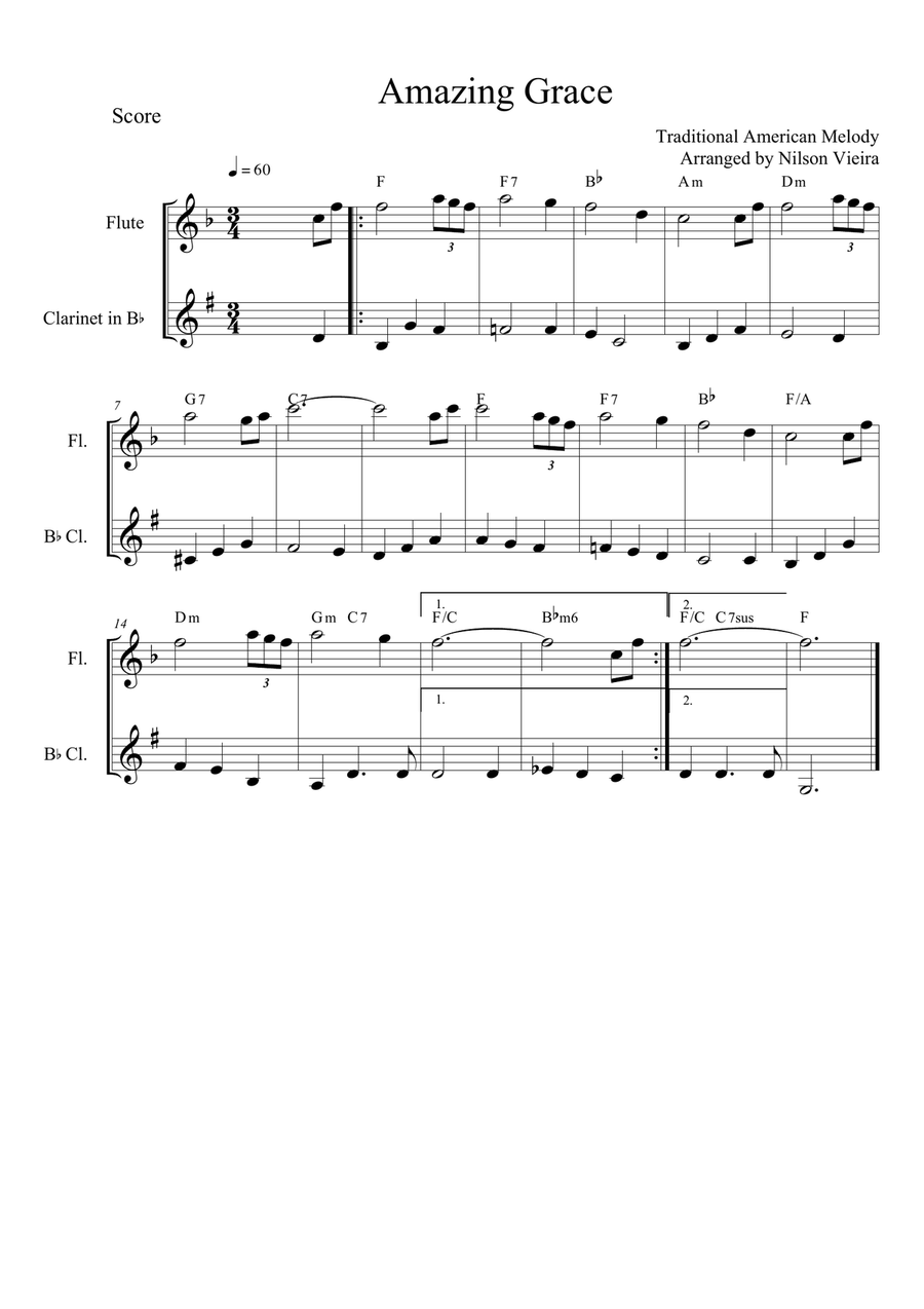 Amazing Grace (Flute and Clarinet Duo with Chords) Woodwind Duet scores gallery preview page 1