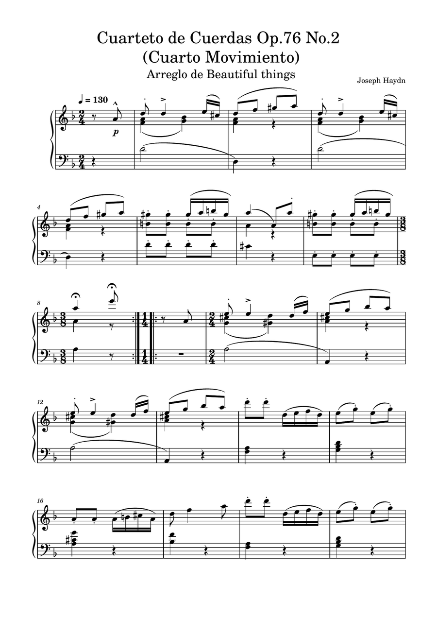 Cuarteto de Cuerdas Op.76 No.2 (Cuarto Movimiento)-Haydn Piano Solo scores gallery preview page 1