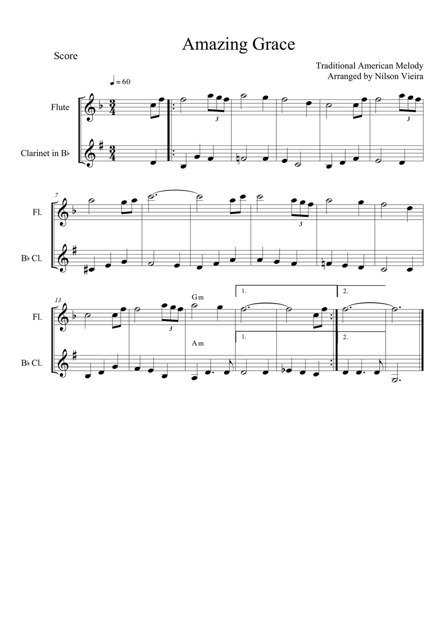Amazing Grace (Flute and Clarinet Duo) Woodwind Duet scores gallery preview page 1