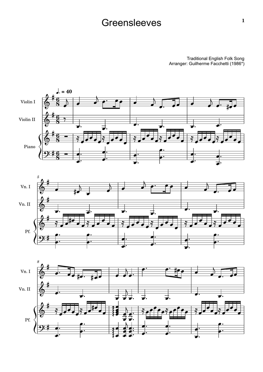 Greensleeves - Violin Duet and Piano. Score and Parts. String Duet scores gallery preview page 1