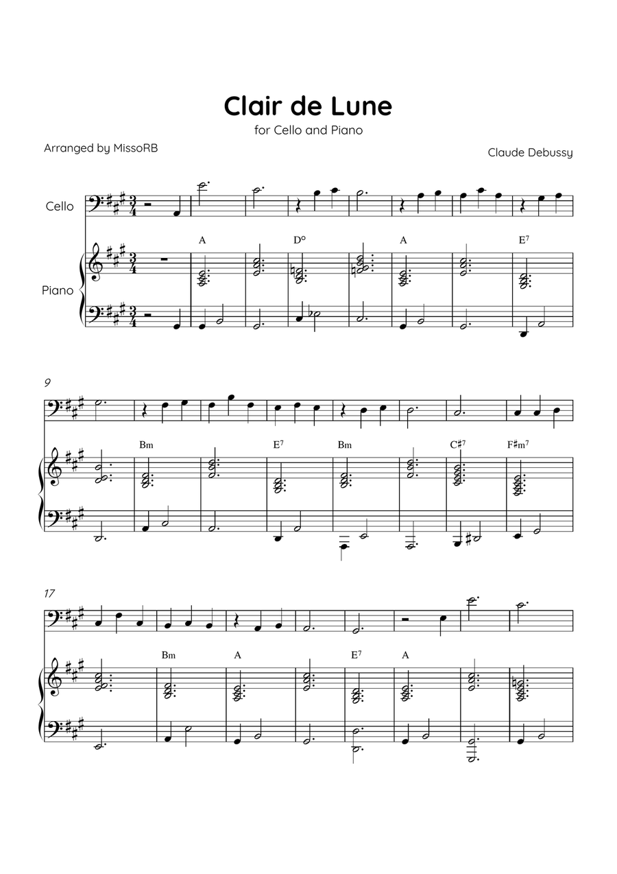 Claire de Lune - Cello and Piano in A Major With Chords - Beginner Piano scores gallery preview page 1