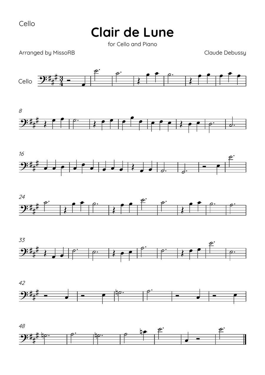 Claire de Lune - Cello and Piano in A Major With Chords - Beginner Piano scores gallery preview page 3