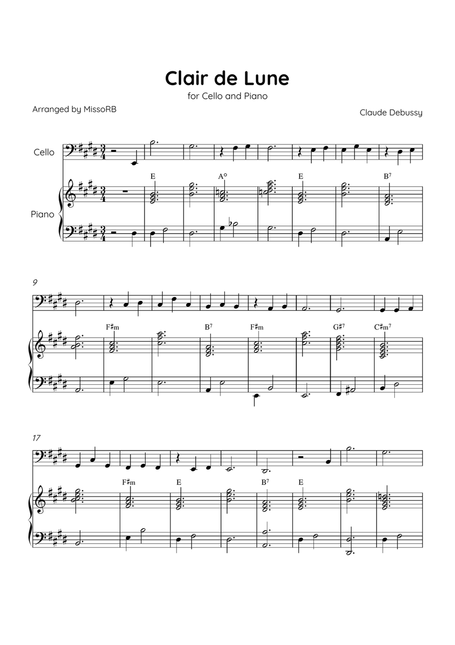 Claire de Lune - Cello and Piano in E Major With Chords - Beginner Piano scores gallery preview page 1