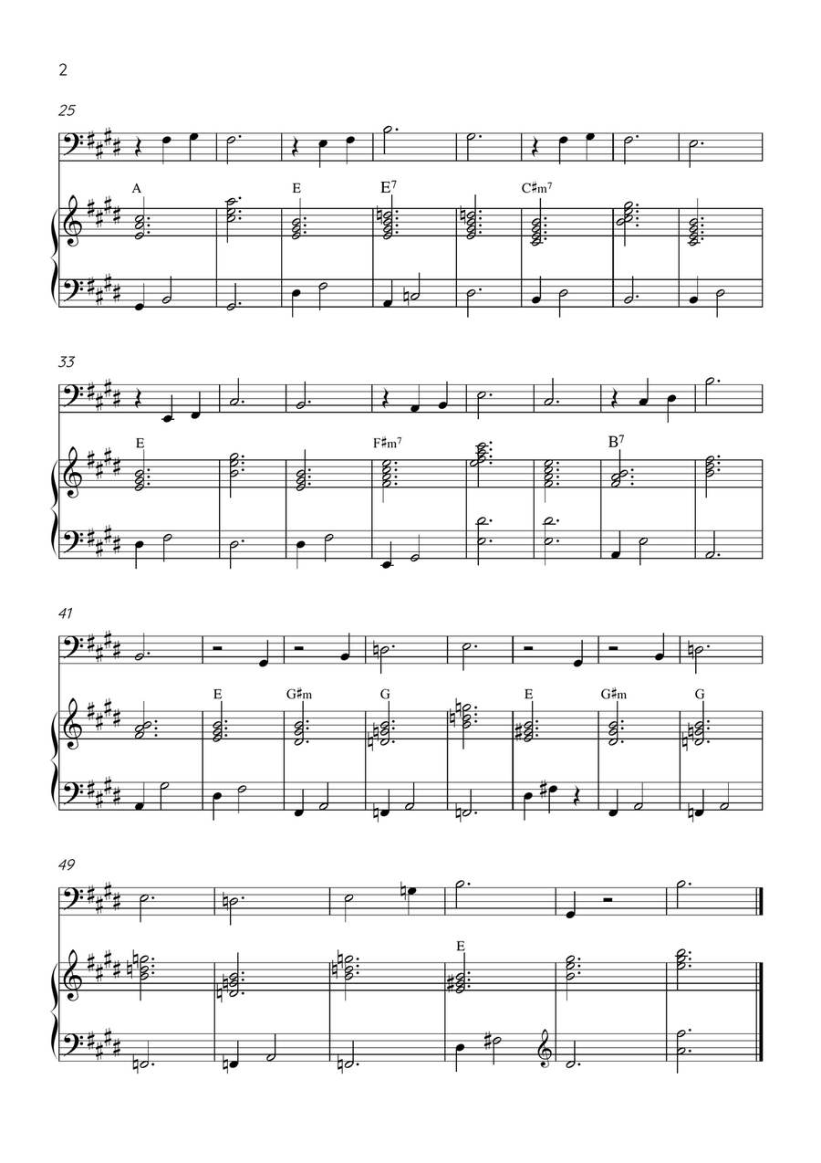 Claire de Lune - Cello and Piano in E Major With Chords - Beginner Piano scores gallery preview page 2