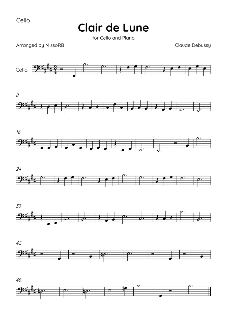 Claire de Lune - Cello and Piano in E Major With Chords - Beginner Piano scores gallery preview page 3