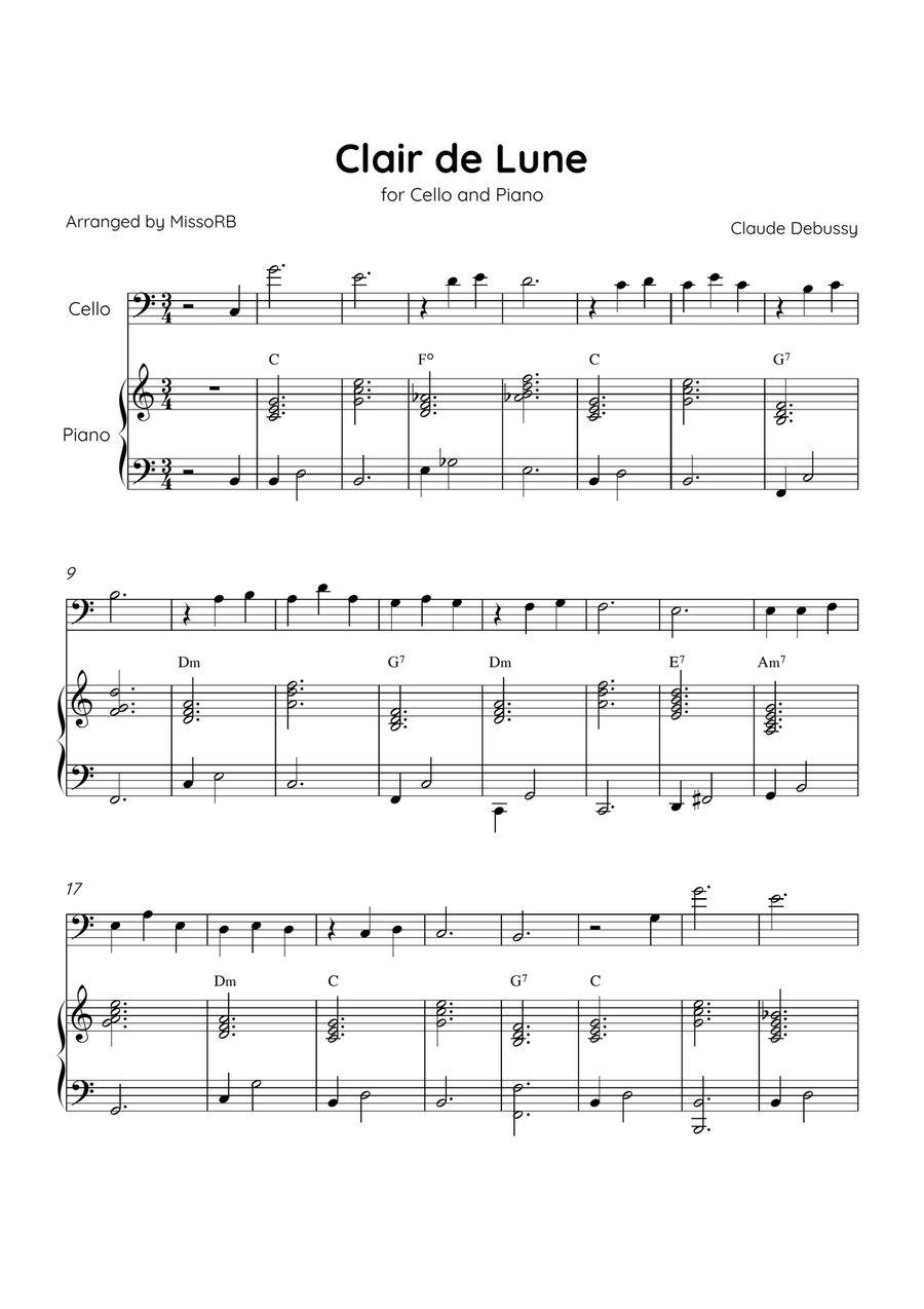 Claire de Lune - Cello and Piano in C Major With Chords - Beginner Piano scores gallery preview page 1