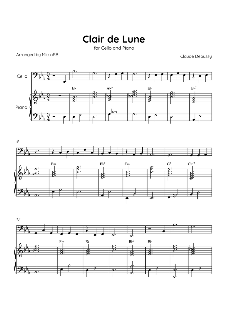Claire de Lune - Cello and Piano in Eb Major With Chords - Beginner Piano scores gallery preview page 1