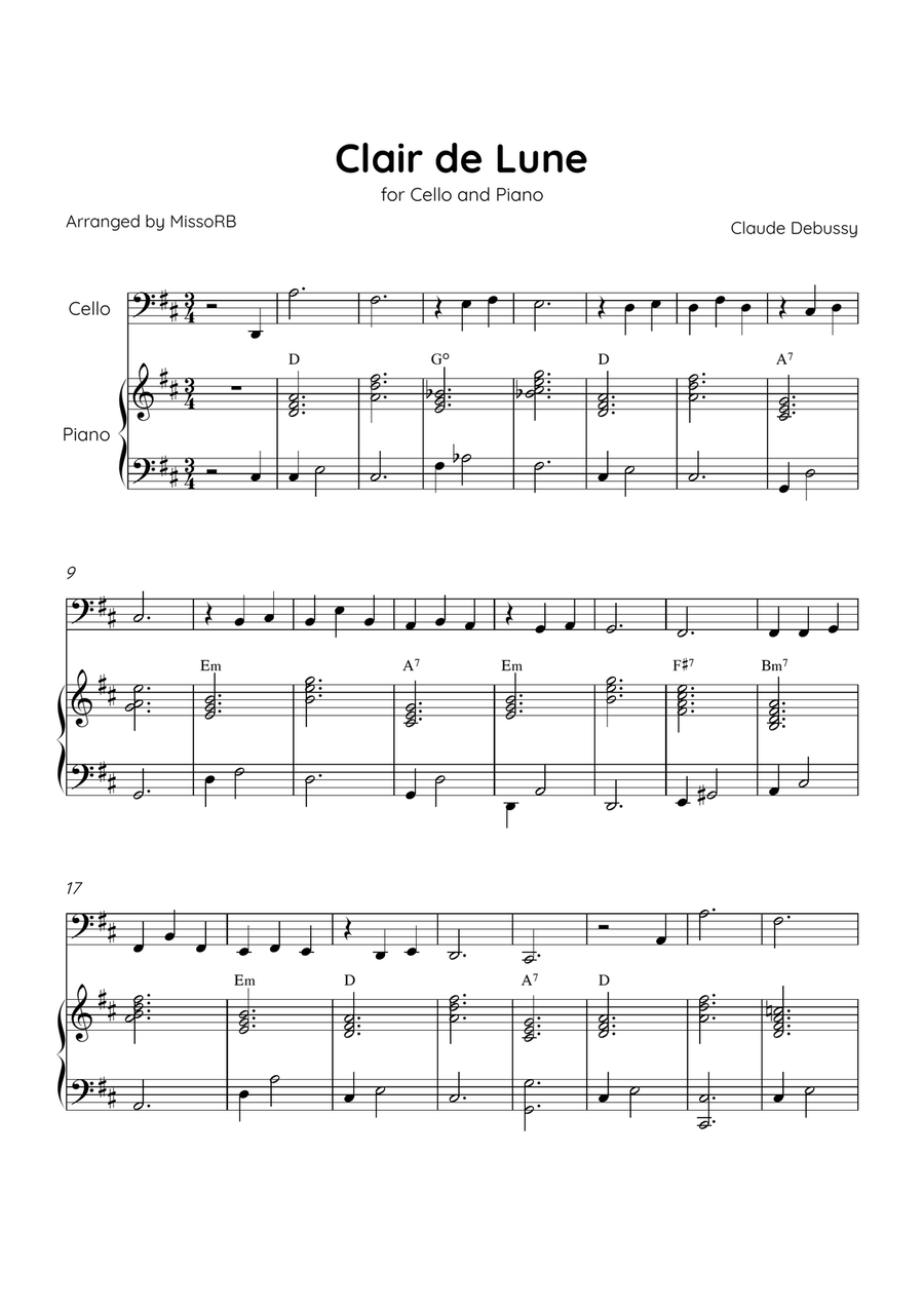 Claire de Lune - Cello and Piano in D Major With Chords - Beginner Piano scores gallery preview page 1