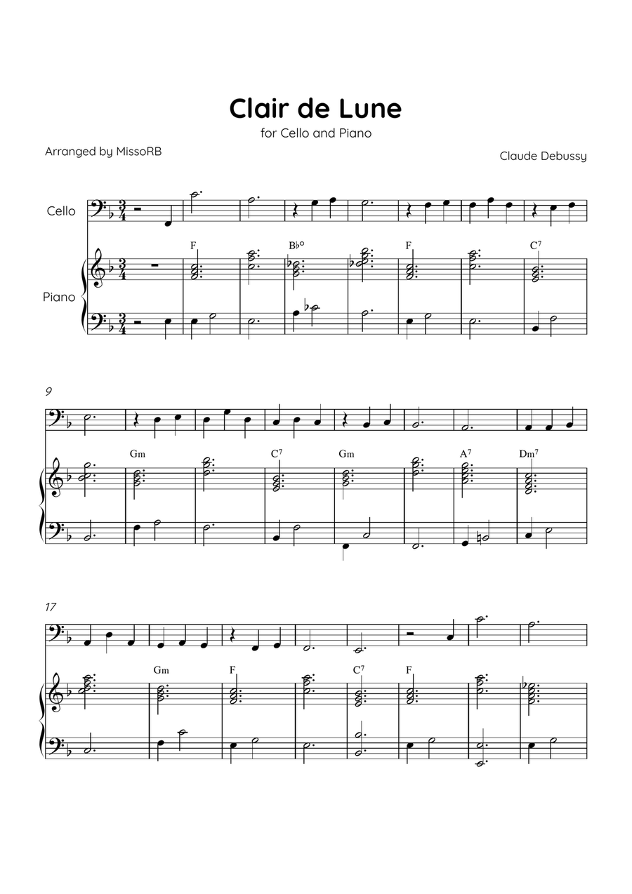 Claire de Lune - Cello and Piano in F Major With Chords - Beginner Piano scores gallery preview page 1