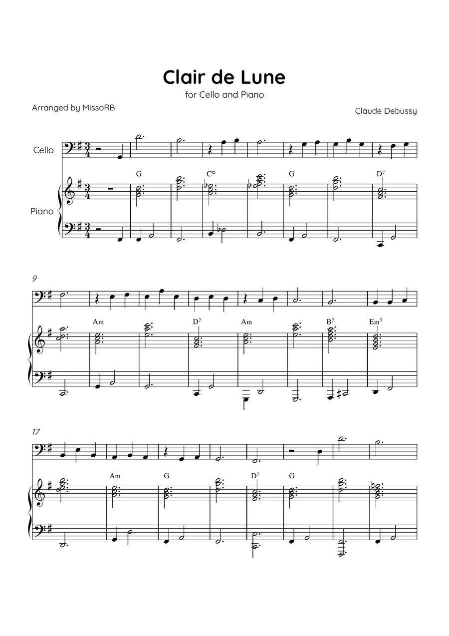 Claire de Lune - Cello and Piano in G Major With Chords - Beginner Piano scores gallery preview page 1