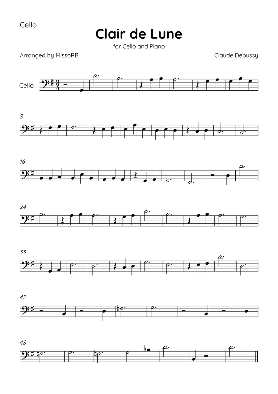 Claire de Lune - Cello and Piano in G Major With Chords - Beginner Piano scores gallery preview page 3