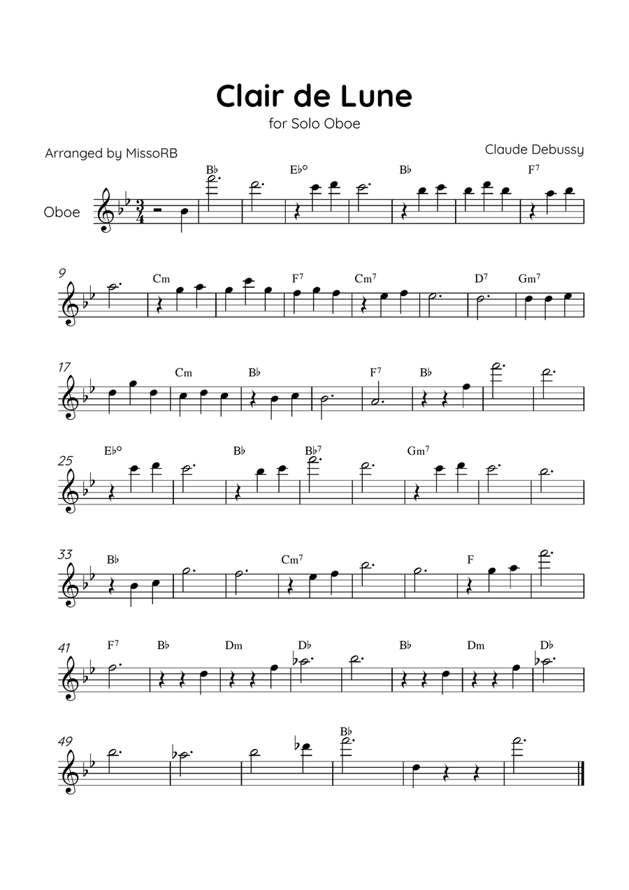 Claire de Lune - Solo Oboe in Bb Major With Chords - Beginner Oboe Solo scores gallery preview page 1