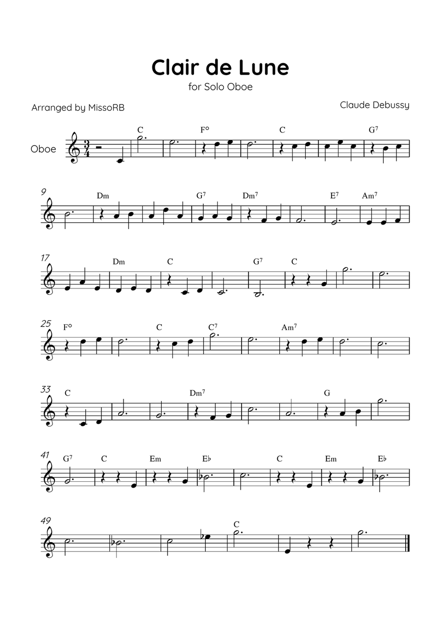 Claire de Lune - Solo Oboe in C Major With Chords - Beginner Oboe Solo scores gallery preview page 1
