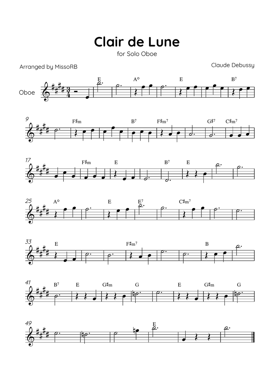 Claire de Lune - Solo Oboe in E Major With Chords - Beginner Oboe Solo scores gallery preview page 1