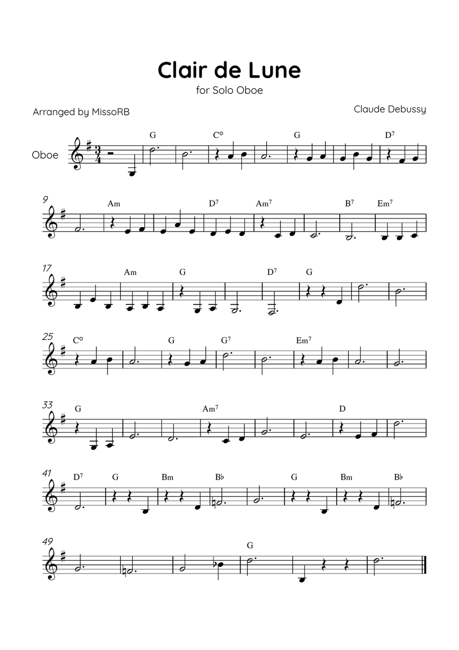 Claire de Lune - Solo Oboe in G Major With Chords - Beginner Oboe Solo scores gallery preview page 1