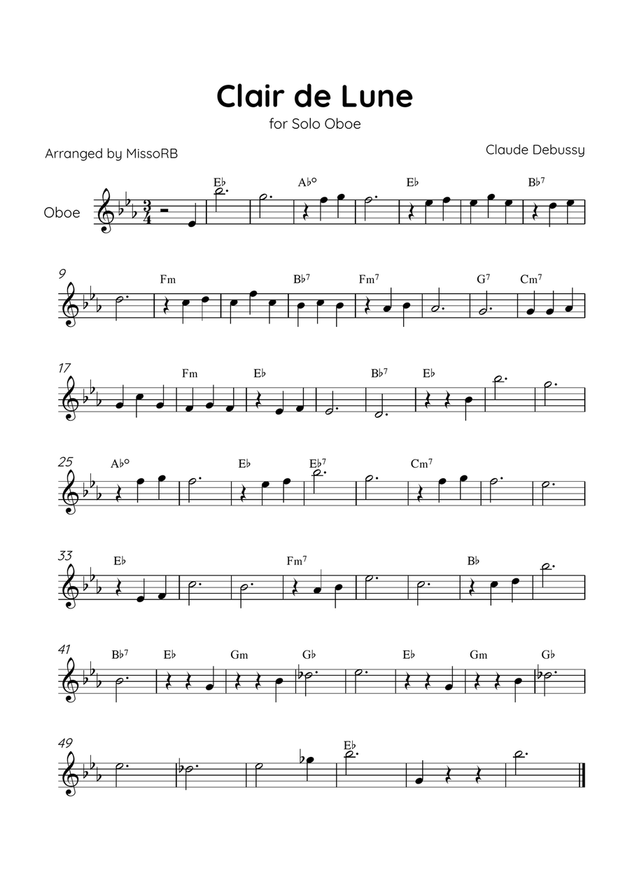 Claire de Lune - Solo Oboe in Eb Major With Chords - Beginner Oboe Solo scores gallery preview page 1
