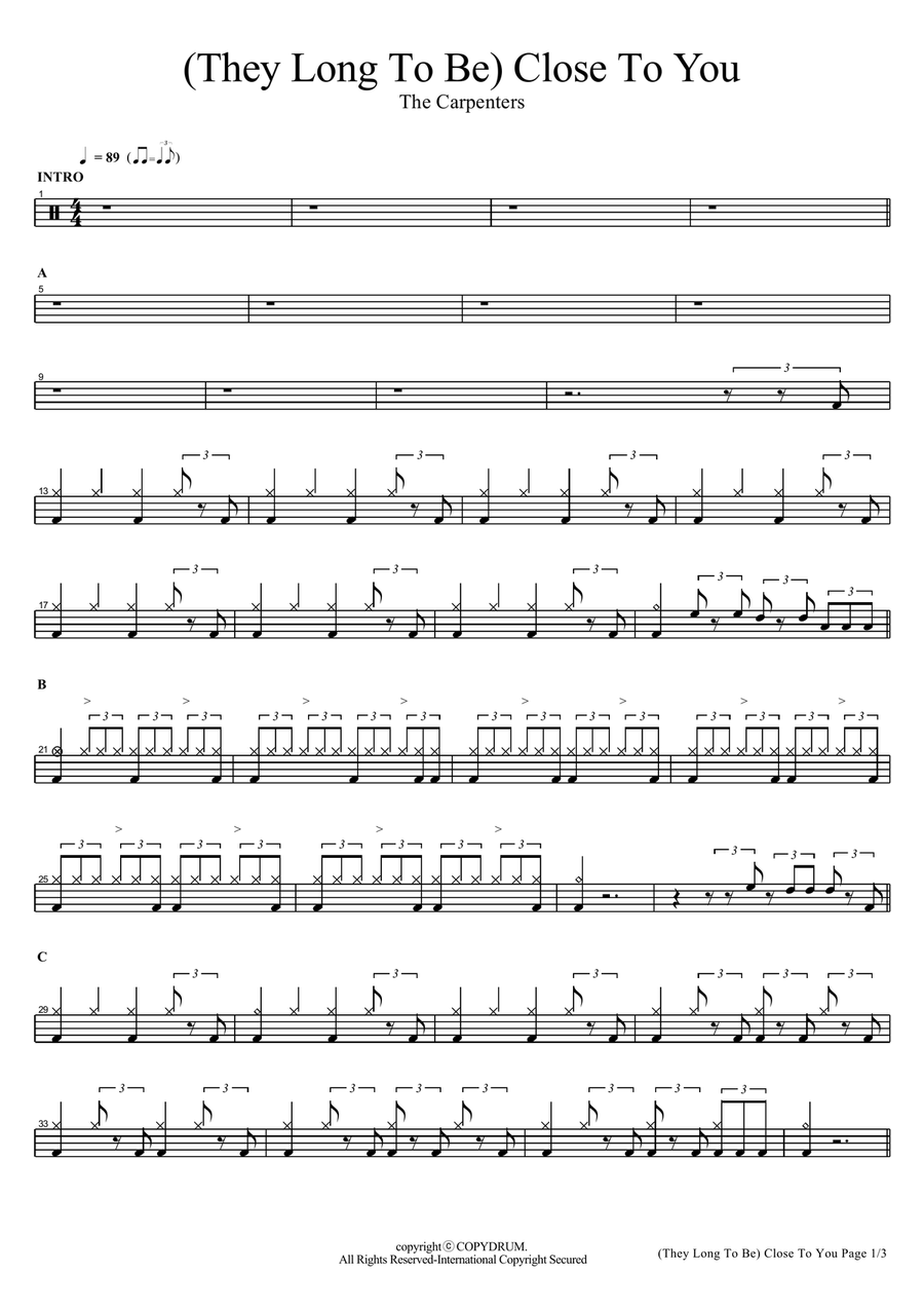(They Long To Be) Close To You Drum Set scores gallery preview page 1