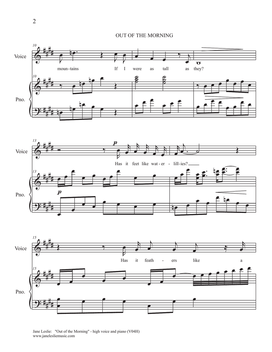 OUT OF THE MORNING - for High Voice and Piano - by Jane Leslie High Voice scores gallery preview page 2