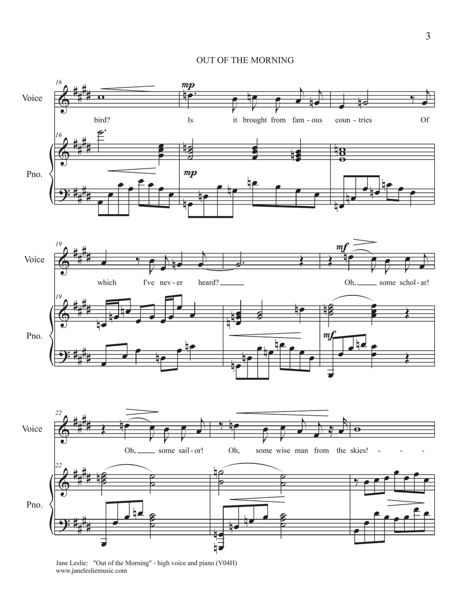 OUT OF THE MORNING - for High Voice and Piano - by Jane Leslie High Voice scores gallery preview page 3