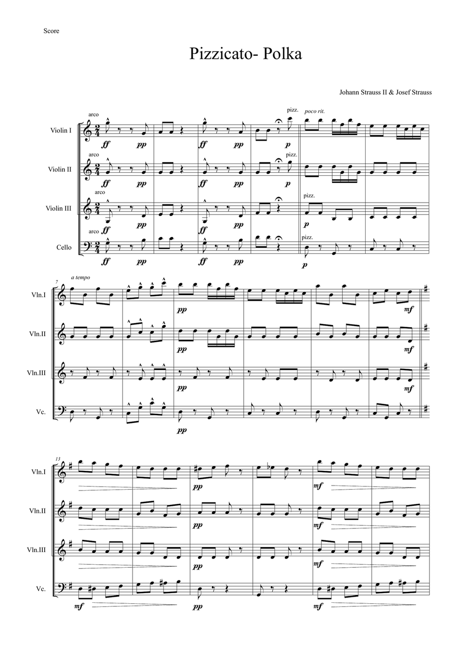 Pizzicato Polka-Easy String Quartet Version (Violin 3 instead of Viola) String Quartet scores gallery preview page 1
