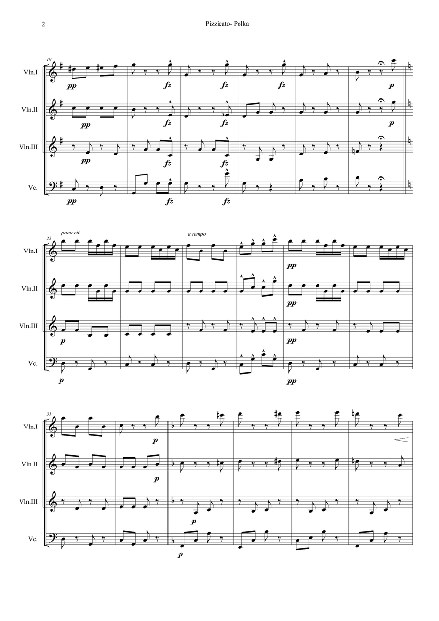Pizzicato Polka-Easy String Quartet Version (Violin 3 instead of Viola) String Quartet scores gallery preview page 2