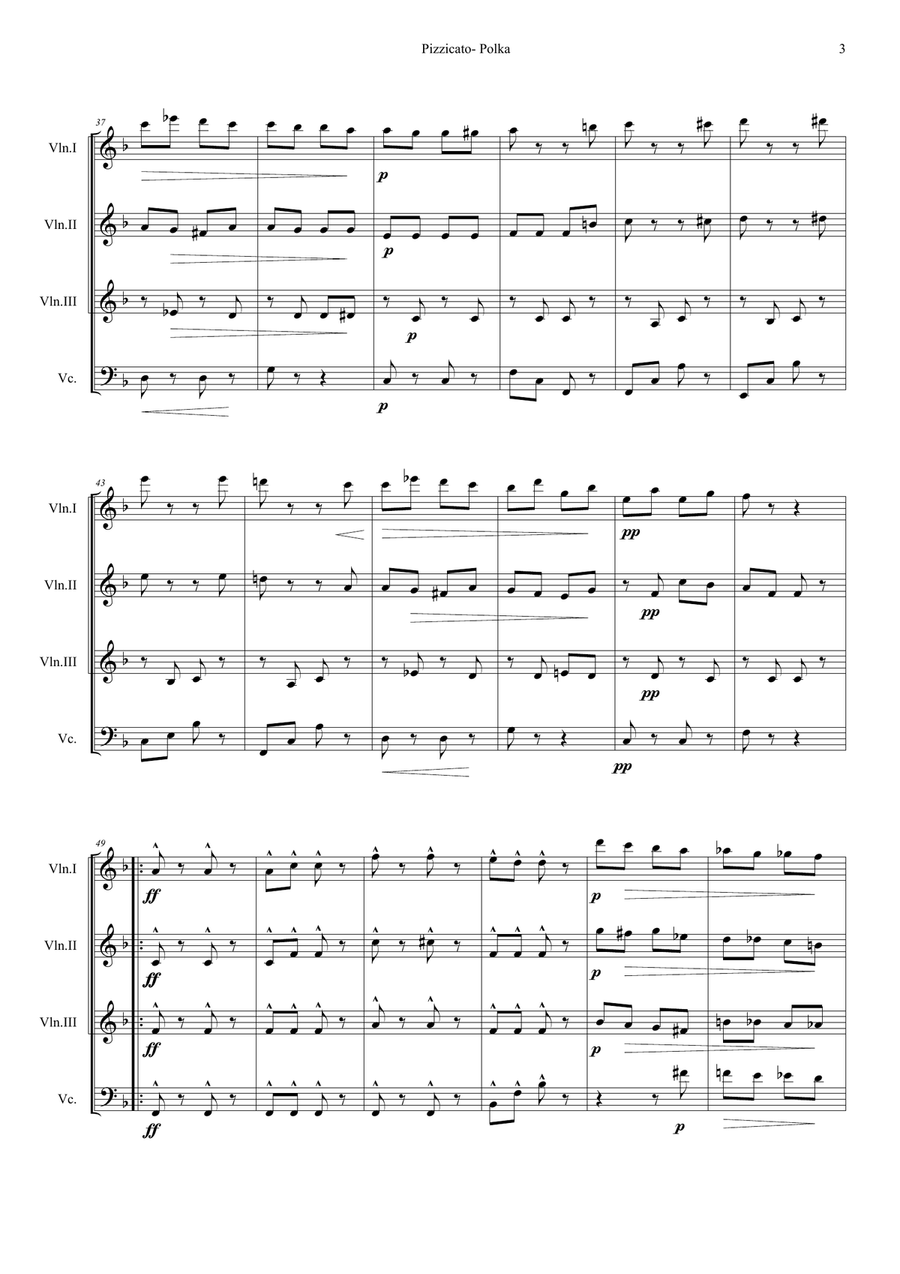 Pizzicato Polka-Easy String Quartet Version (Violin 3 instead of Viola) String Quartet scores gallery preview page 3