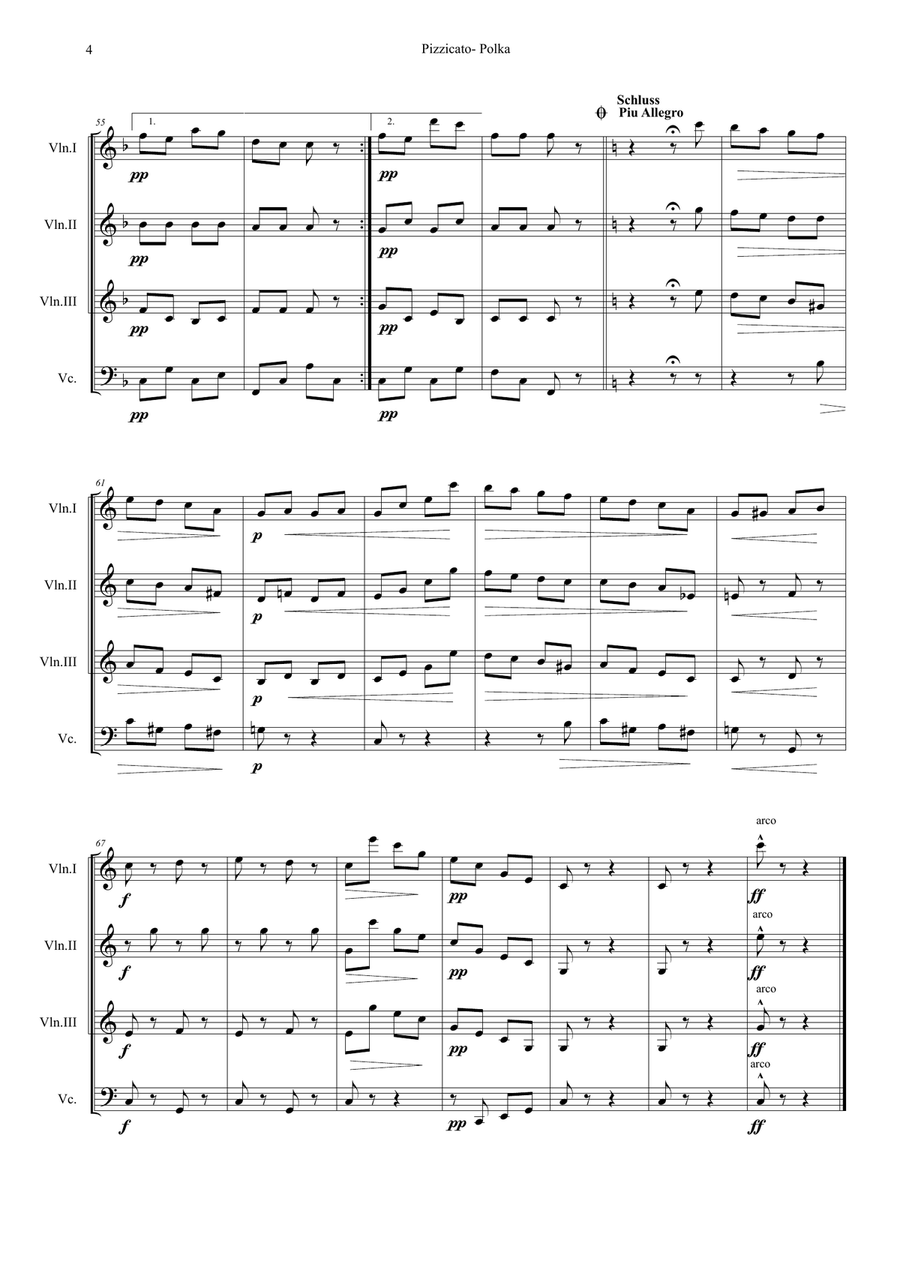 Pizzicato Polka-Easy String Quartet Version (Violin 3 instead of Viola) String Quartet scores gallery preview page 4