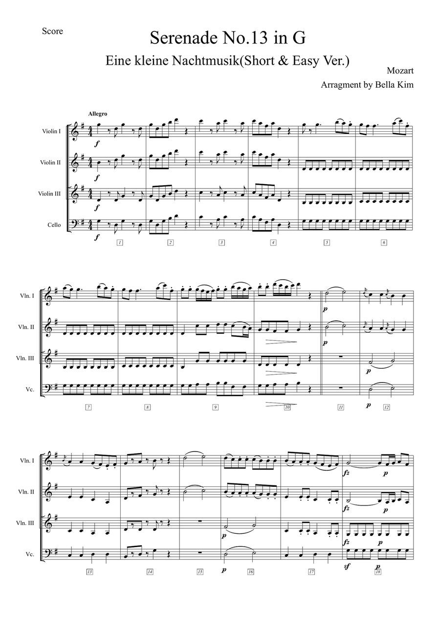 Eine kleine Nachtmusik-Easy & Short String Quartet (Violin 3 instead of Viola) String Quartet scores gallery preview page 1