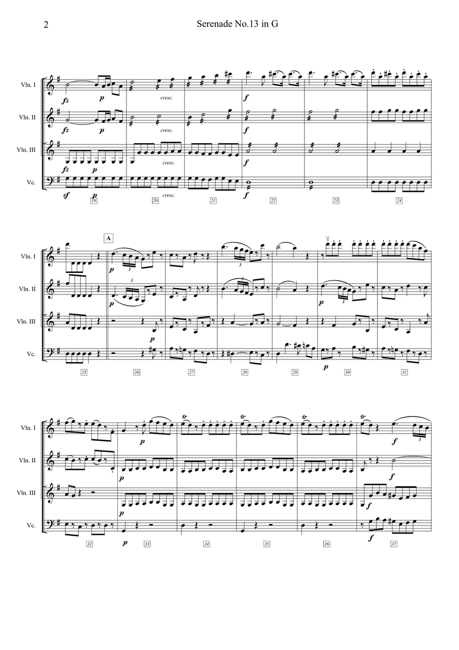 Eine kleine Nachtmusik-Easy & Short String Quartet (Violin 3 instead of Viola) String Quartet scores gallery preview page 2
