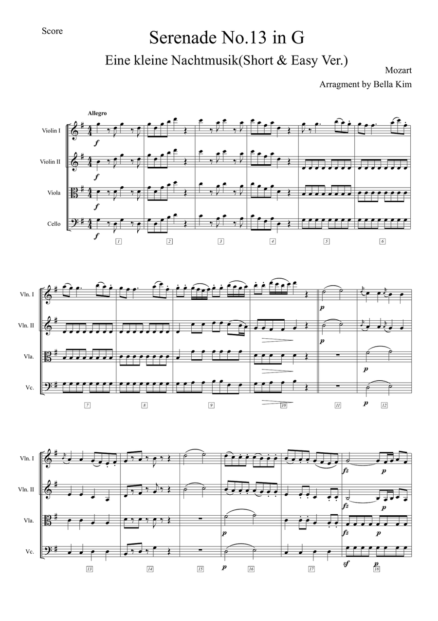 Eine kleine Nachtmusik (Mozart)-Easy & Short String Quartet String Quartet scores gallery preview page 1