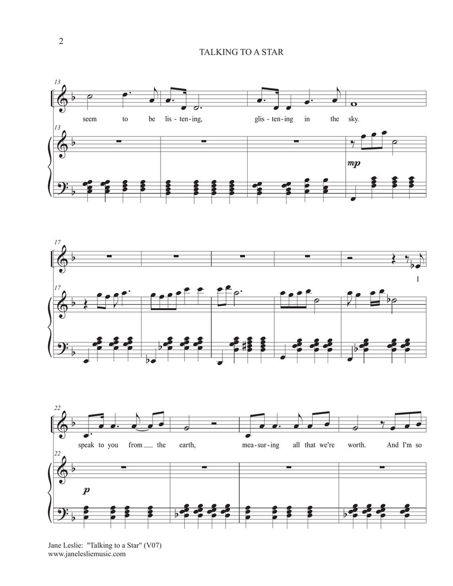 TALKING TO A STAR - for voice and piano - by Jane Leslie Medium Voice scores gallery preview page 2