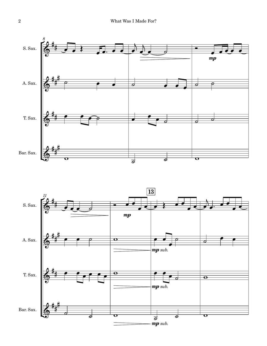 What Was I Made For? Saxophone Quartet scores gallery preview page 2
