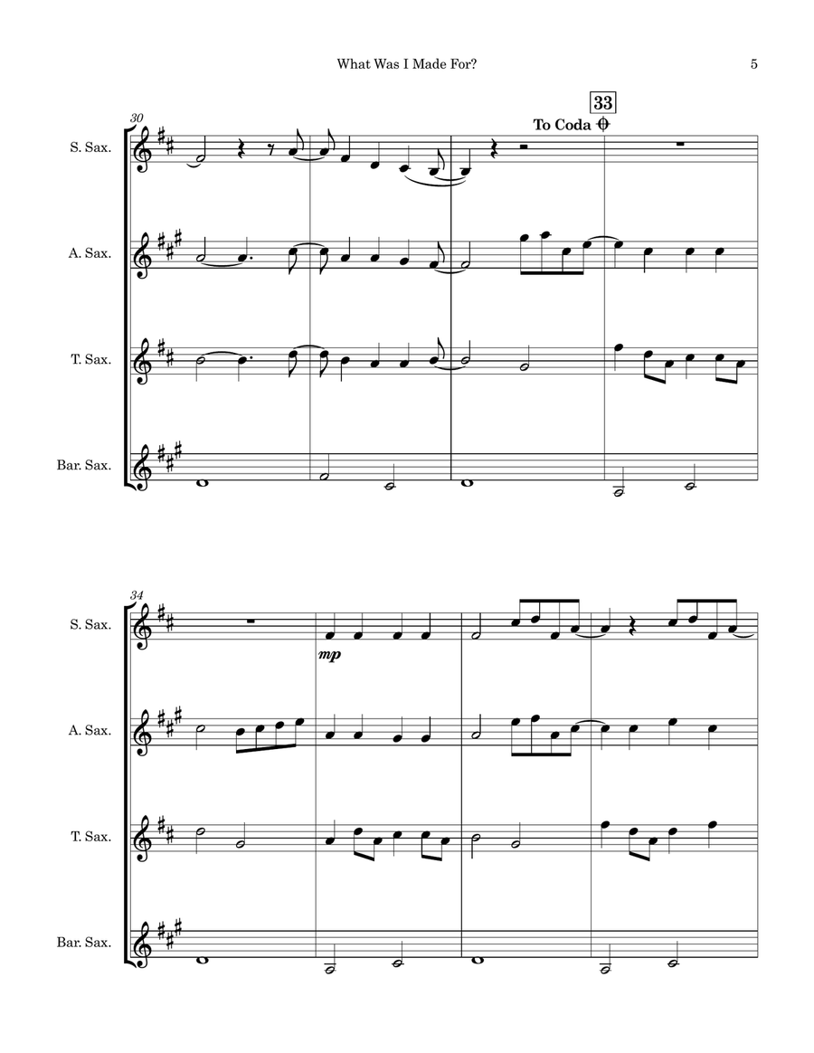 What Was I Made For? Saxophone Quartet scores gallery preview page 5