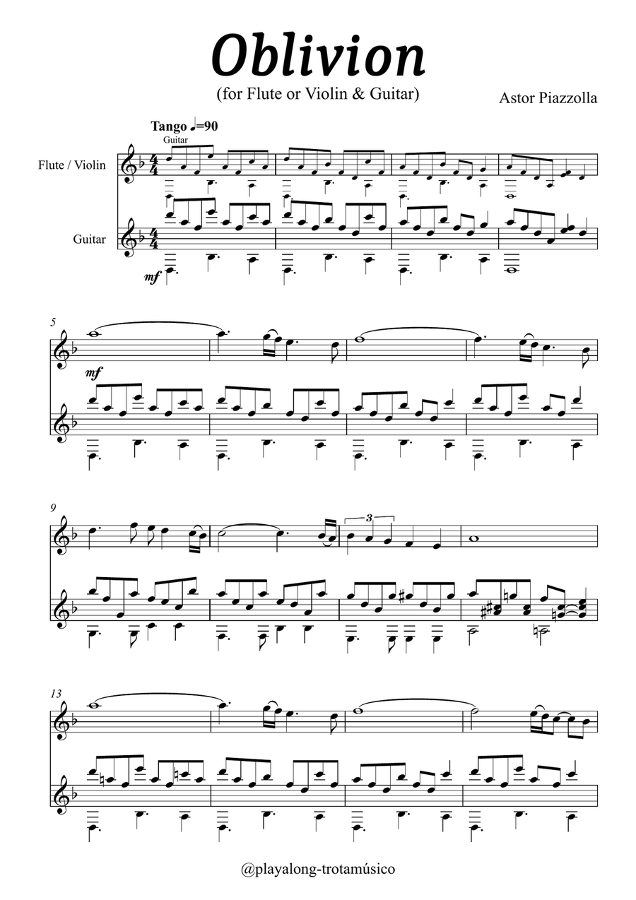 Oblivion - Flute or Violin & Guitar Flute scores gallery preview page 1