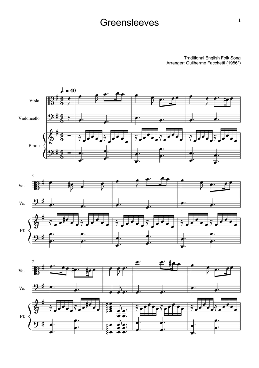 Greensleeves - Viola, Cello and Piano. Score and Parts. Small Ensemble scores gallery preview page 1