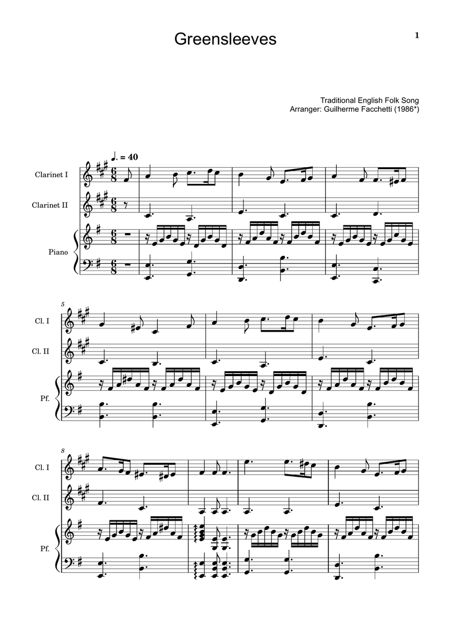Greensleeves - Clarinet Duet and Piano. Score and Parts. Clarinet Duet scores gallery preview page 1
