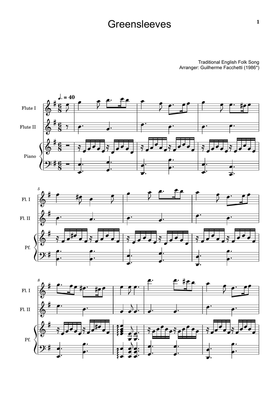 Greensleeves - Flute Duet and Piano. Score and Parts. Flute Duet scores gallery preview page 1