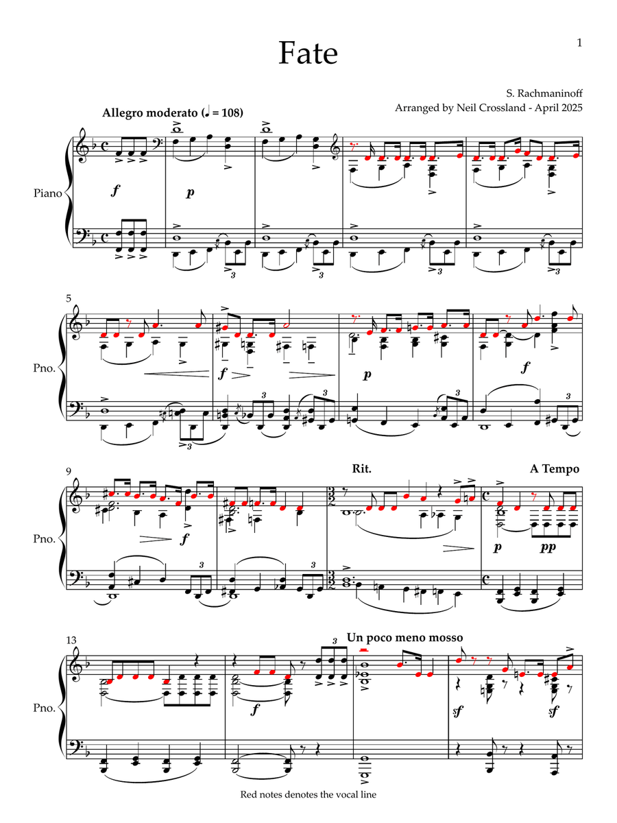 Rachmaninoff Song - Fate Op 21 No 1 arranged for Piano solo by Neil Crossland Piano Solo scores gallery preview page 3