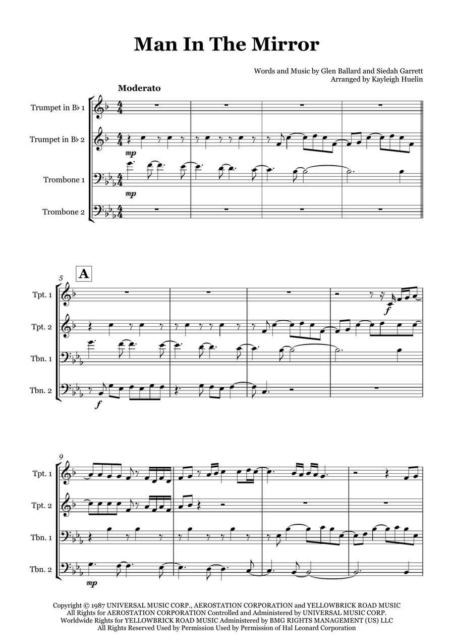 Man In The Mirror Man In The Mirror Brass Quartet scores gallery preview page 1