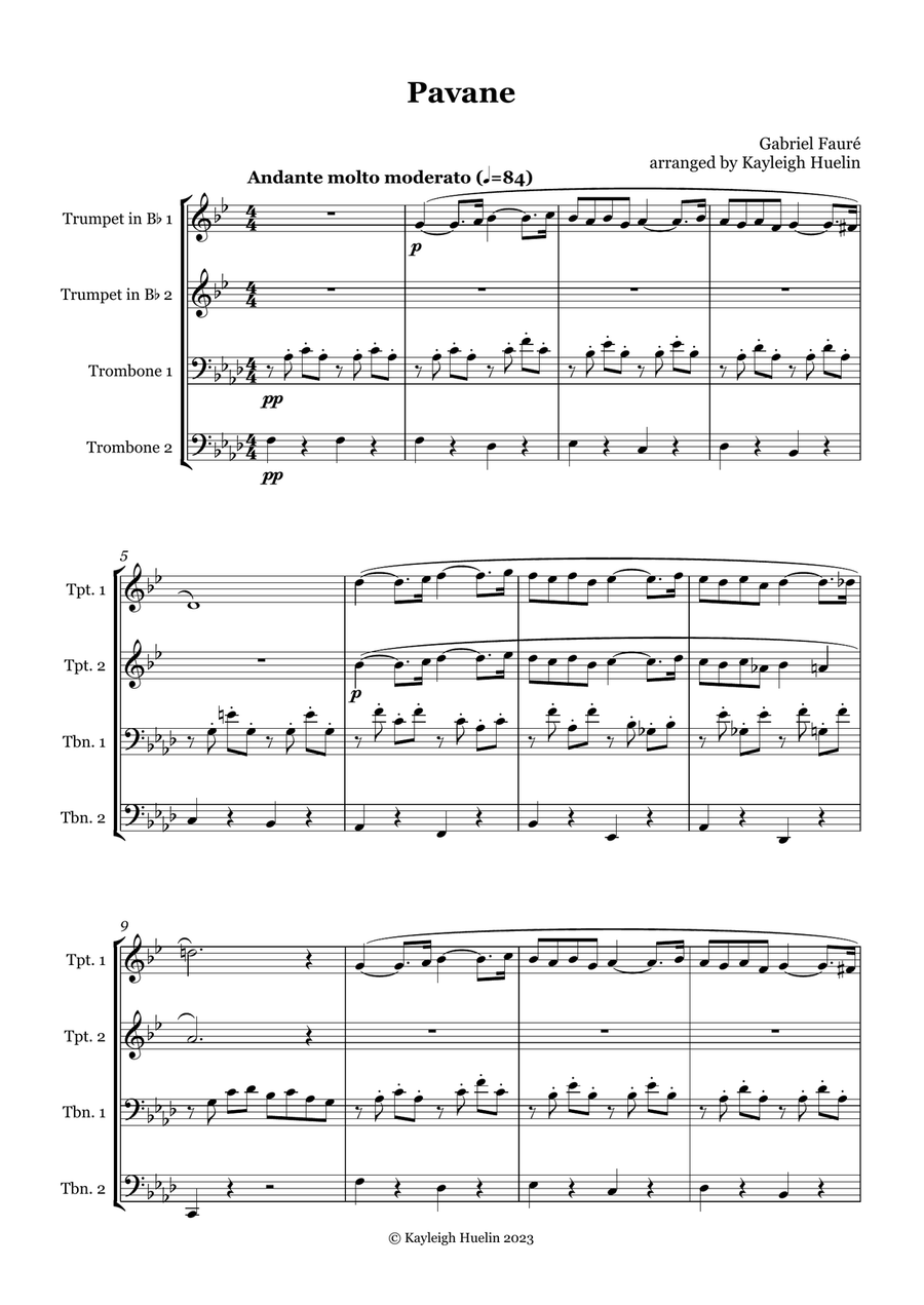 Pavane by Gabriel Faure - Brass quartet (2 tpt/2 tbn) Brass Quartet scores gallery preview page 1