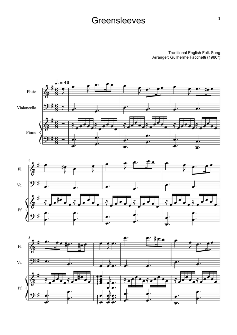 Greensleeves - Flute, Cello and Piano. Score and Parts. Small Ensemble scores gallery preview page 1