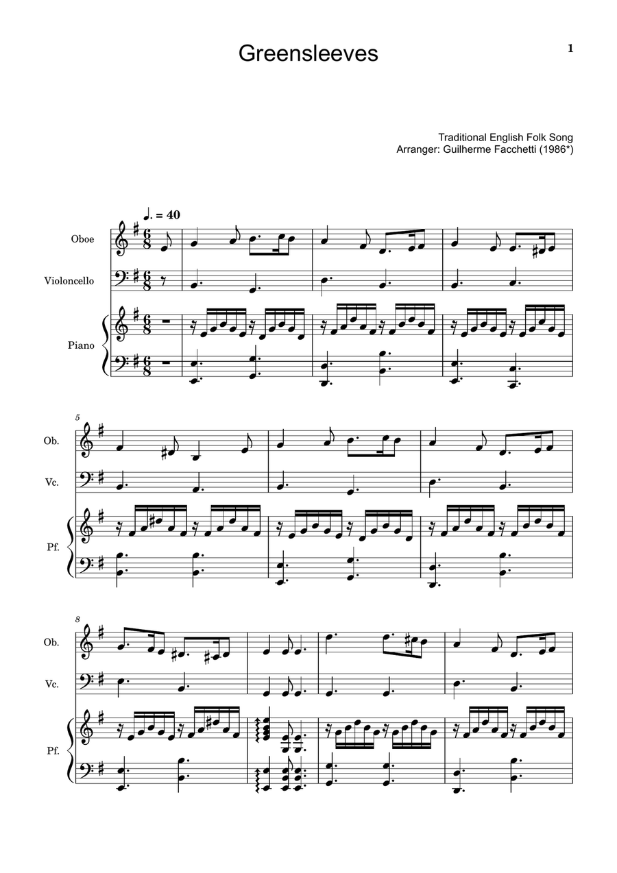 Greensleeves - Oboe, Cello and Piano. Score and Parts. Small Ensemble scores gallery preview page 1